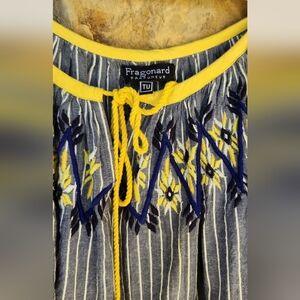 Fragonard Women's Blue and Yellow Embroidered Top